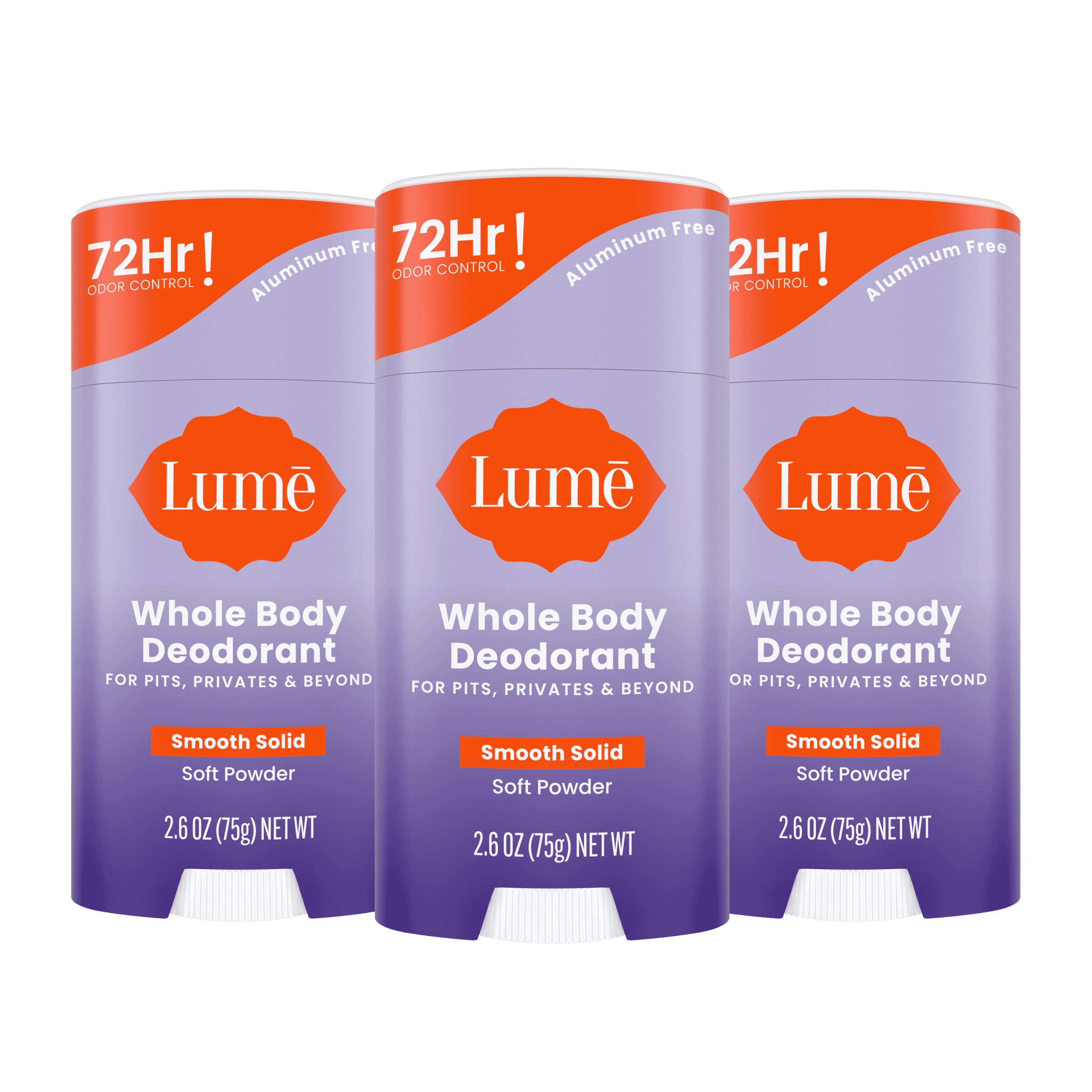 3 purple stick deodorants in the scent Soft Powder