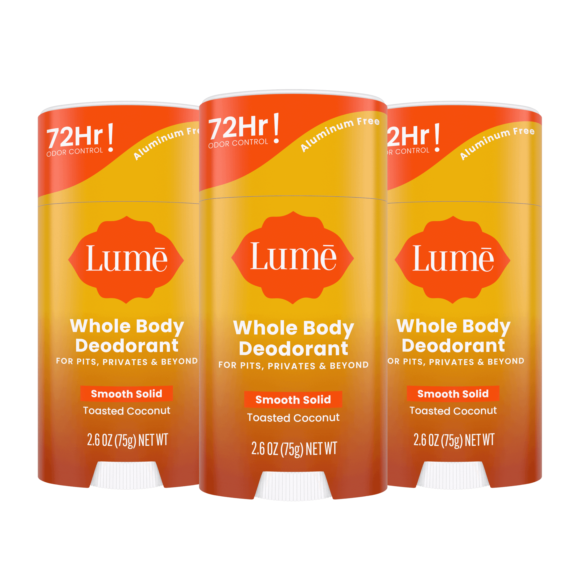 3 orange stick deodorants in the scent Toasted Coconut