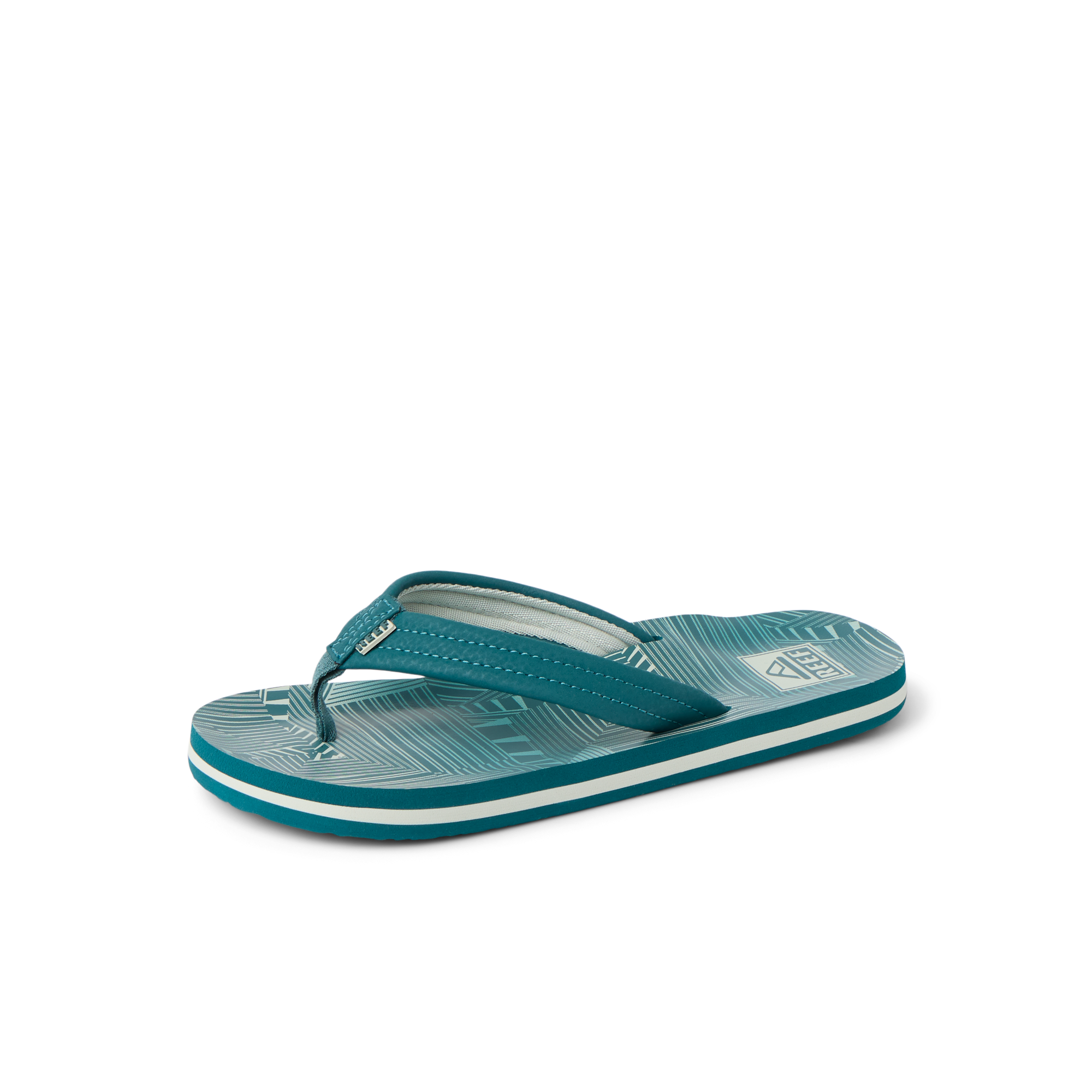 Kids Ahi teal striped flip flop facing right, close-up of footbed and straps with soft cushioning and arch support.