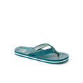 Kids Ahi flip flop facing right, teal stripes, featuring anatomical arch support and soft-rebound cushioning for comfort.
