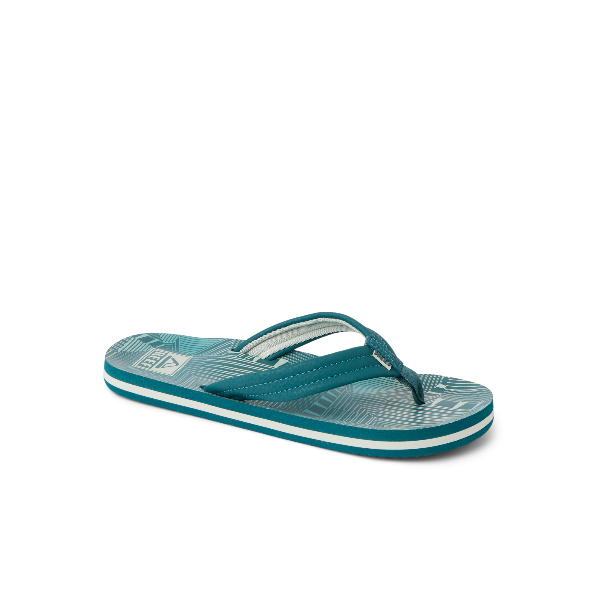 Kids Ahi flip flop facing right, teal stripes, featuring anatomical arch support and soft-rebound cushioning for comfort.
