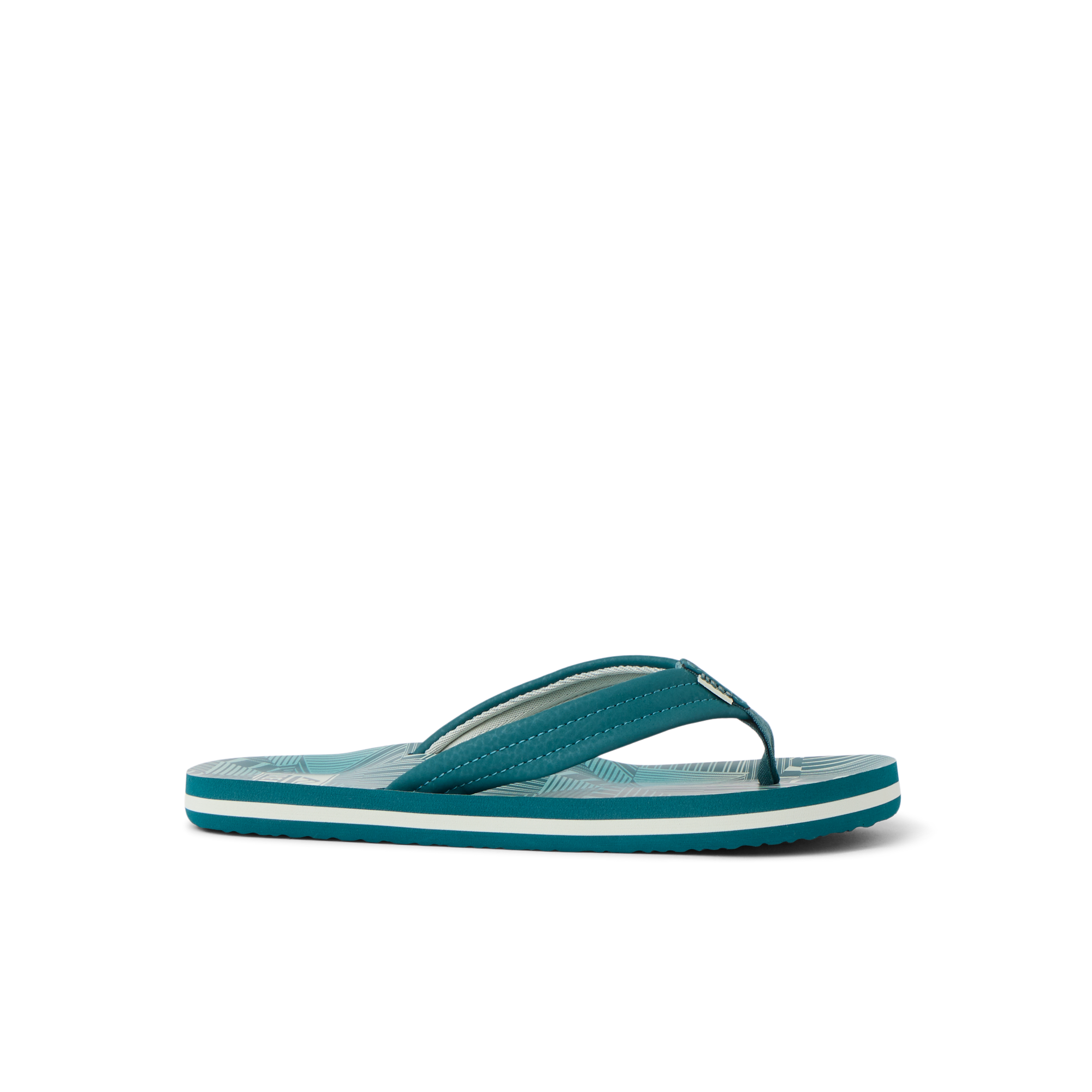Kids Ahi right-facing teal striped sandal with soft cushioning and anatomical arch support for boys aged 5-10.
