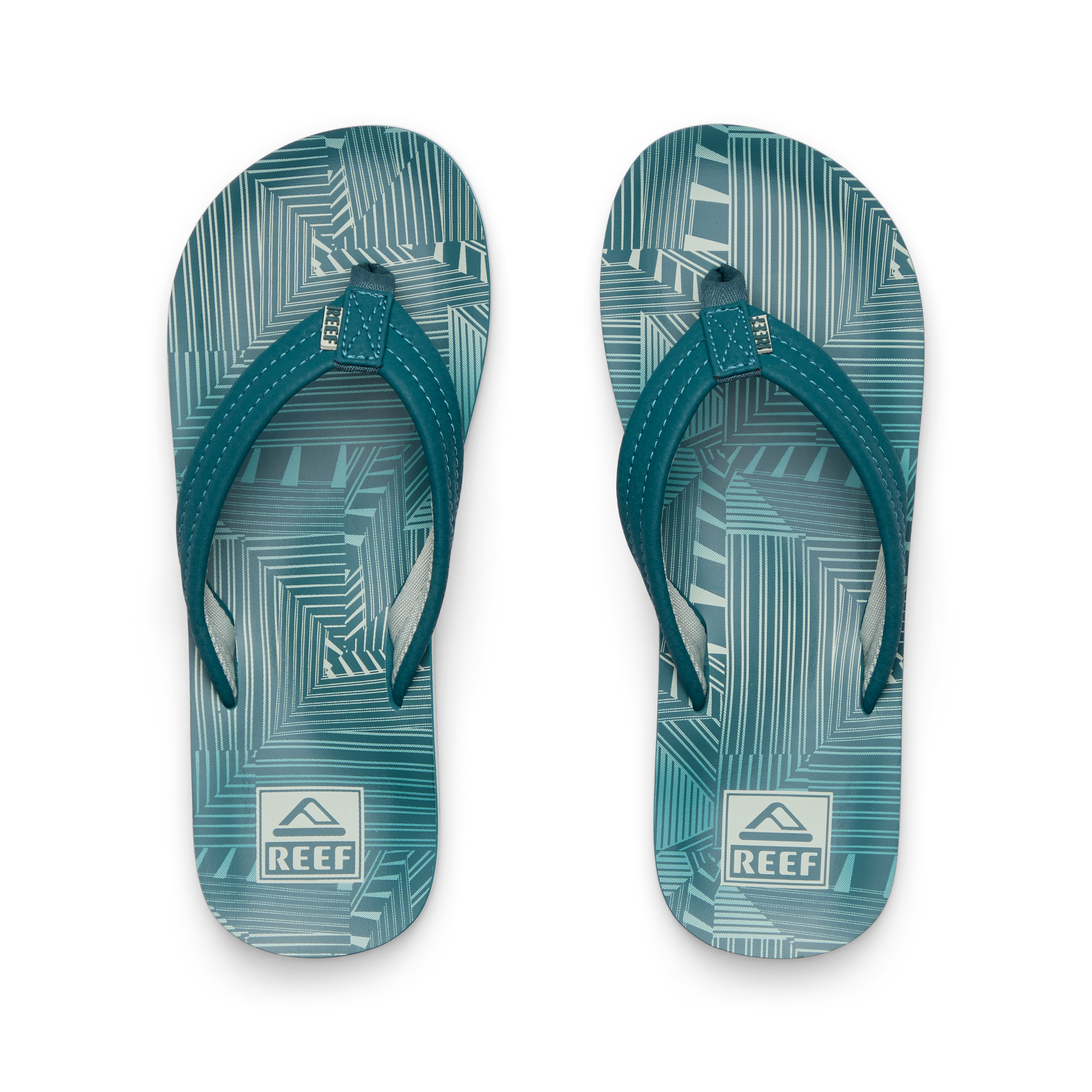 Kids Ahi blue striped flip flops for boys facing up, featuring anatomical arch support and soft-rebound cushioning.