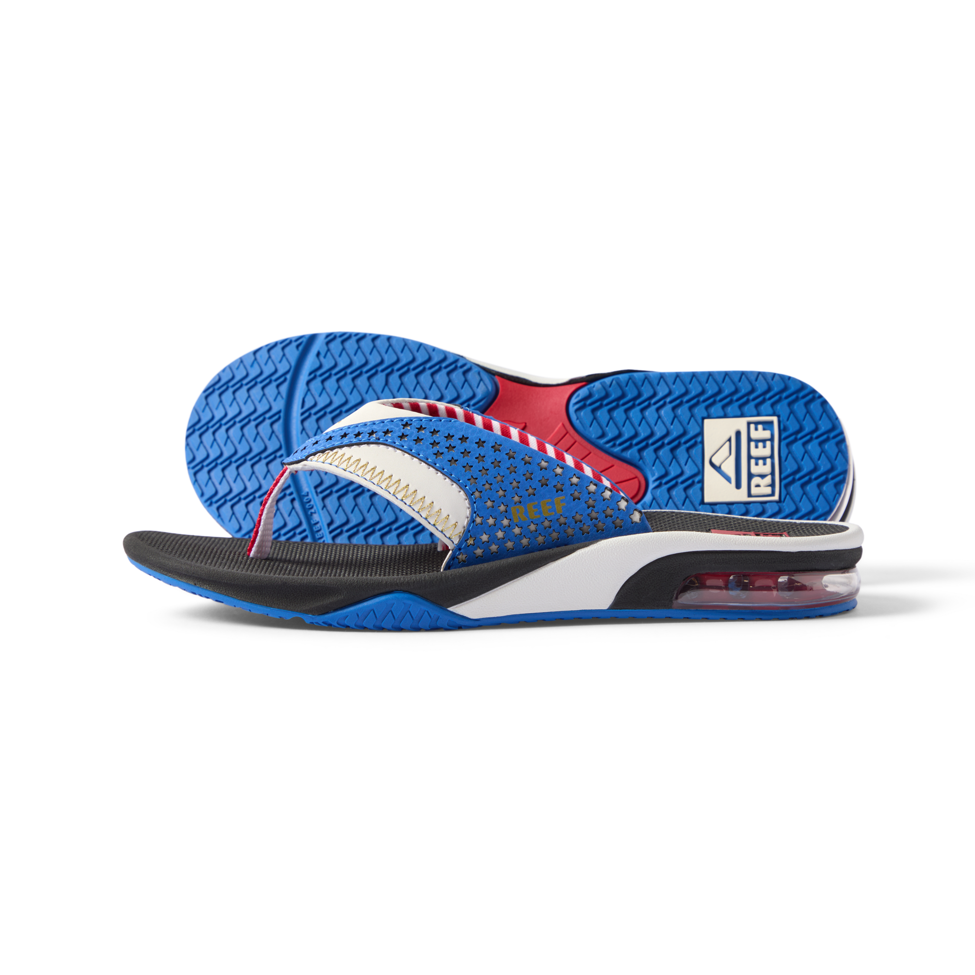 Kids Fanning boys’ right-facing sandal with blue and red accents, showing sole and side profile, cushioned and arch supported