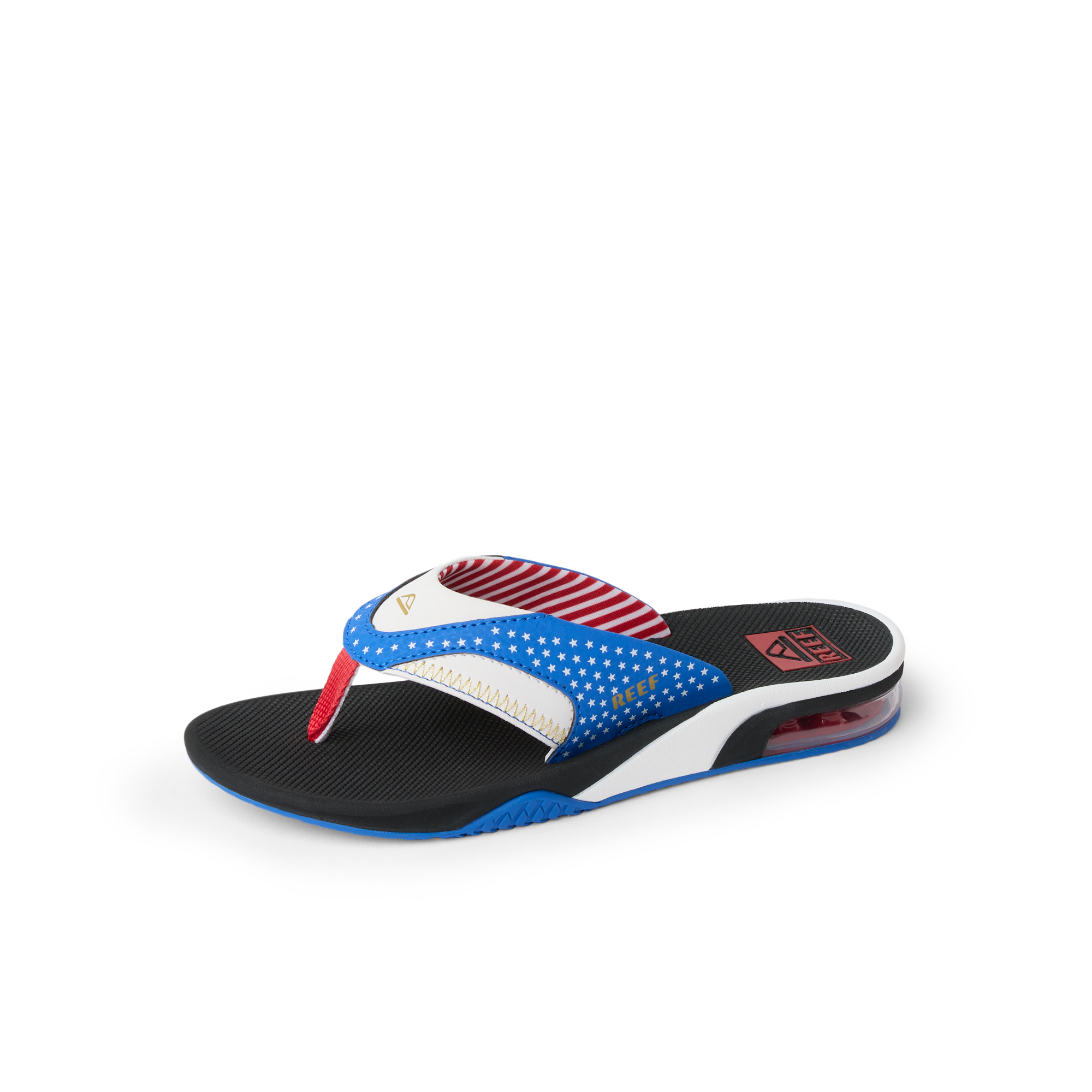 Kids Fanning right-facing sandal with red, white, blue star pattern, anatomical arch support, and soft-rebound cushioning