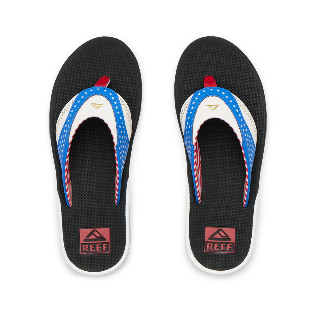 Kids Fanning boys flip flops top view facing up with blue, white, and red straps featuring surf-inspired comfort design
