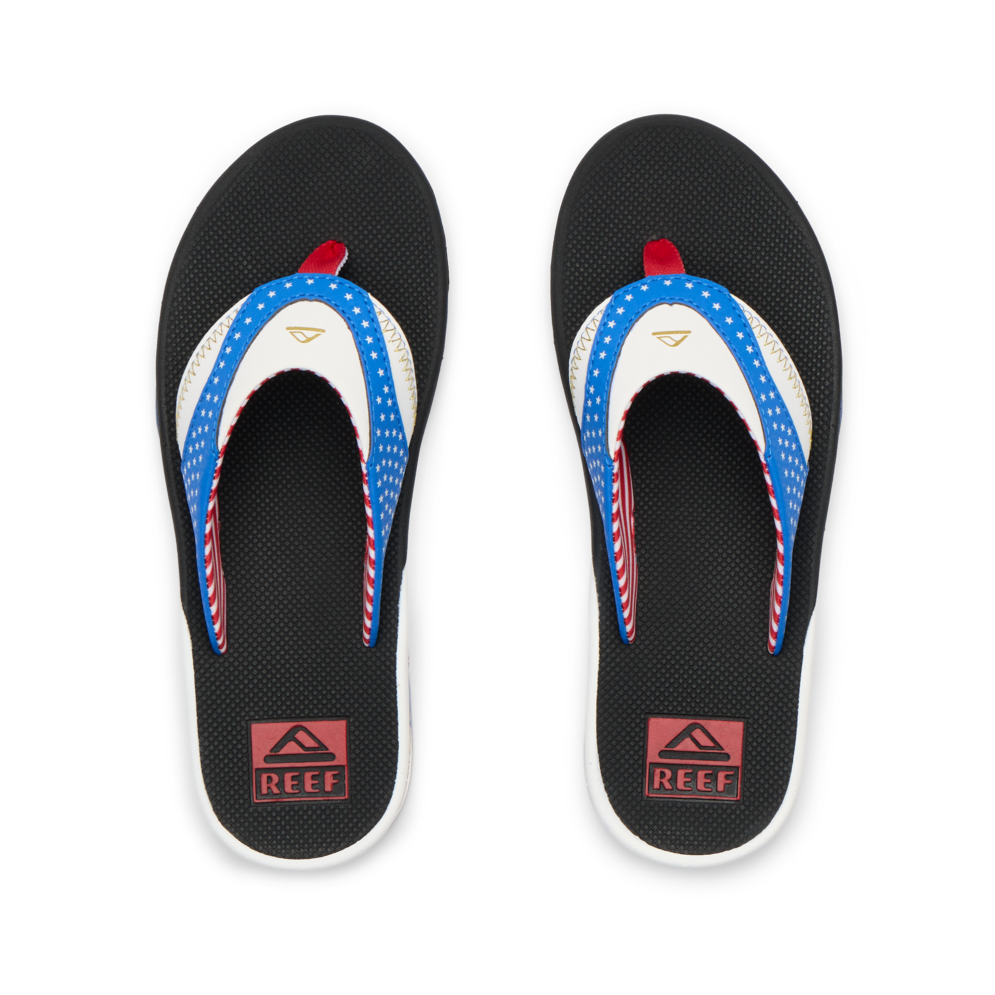 Kids Fanning boys flip flops top view facing up with blue, white, and red straps featuring surf-inspired comfort design