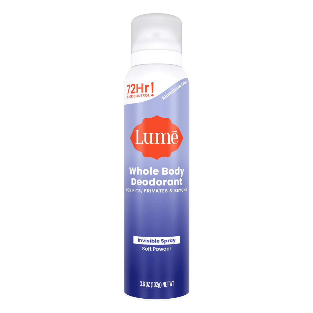 Purple can of spray deodorant in the scent Soft Powder