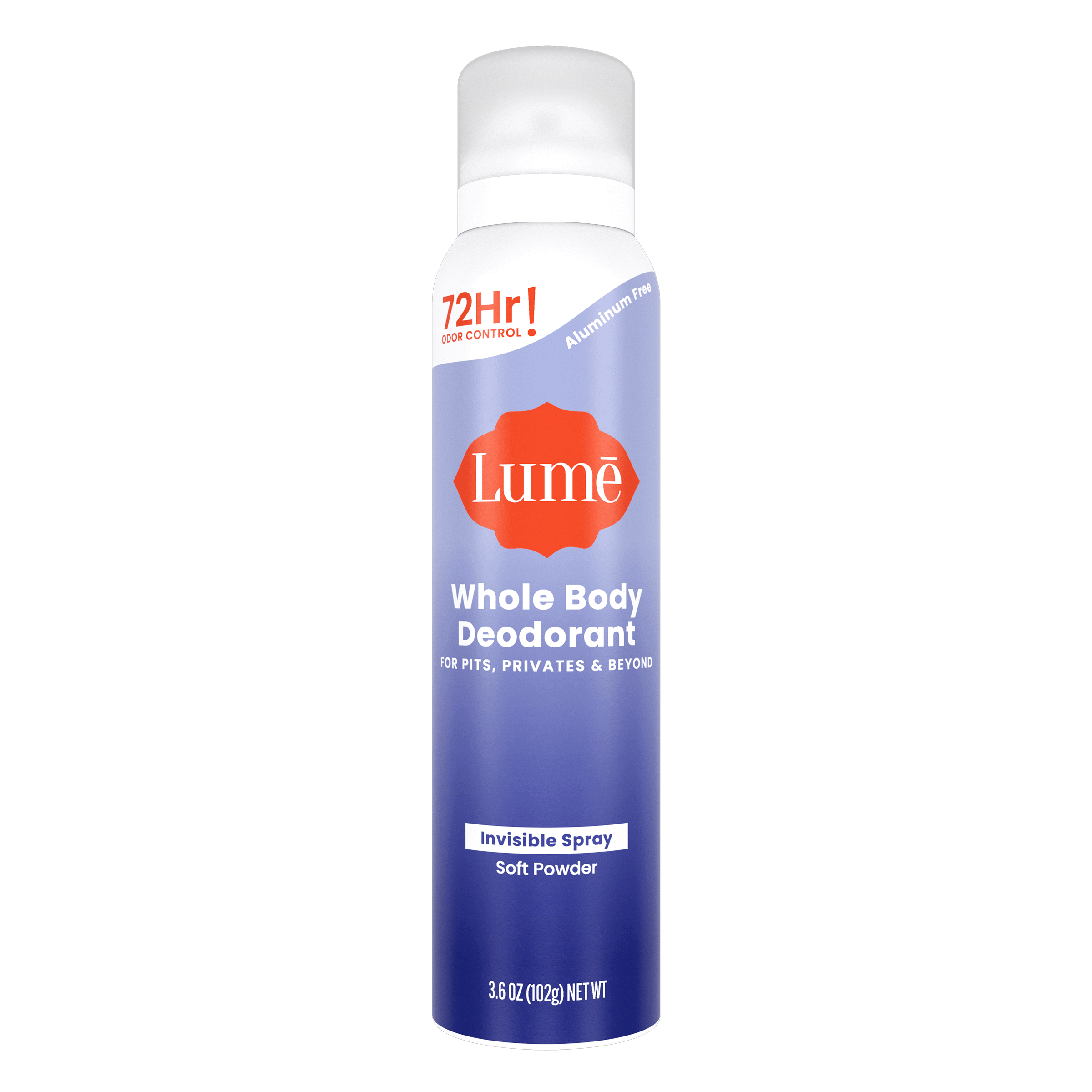 Purple can of spray deodorant in the scent Soft Powder