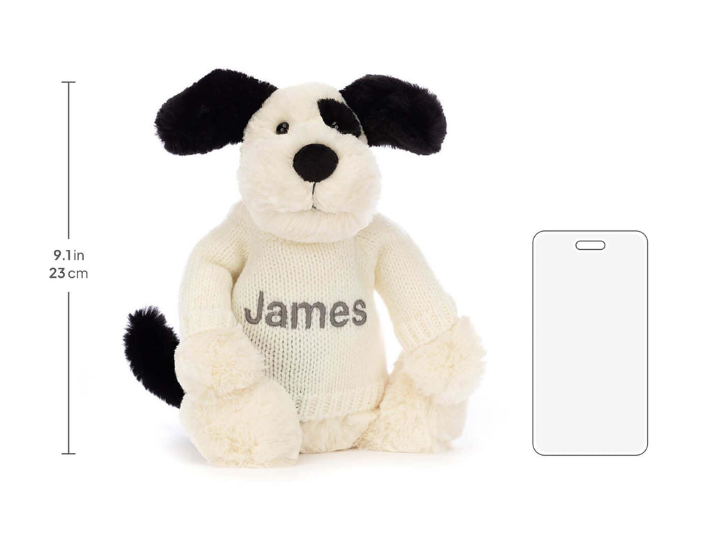Bashful Black & Cream Puppy with Personalized Cream Jumper, size chart