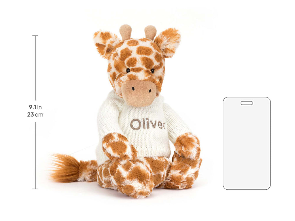 Bashful Giraffe with Personalized Cream Jumper, size chart