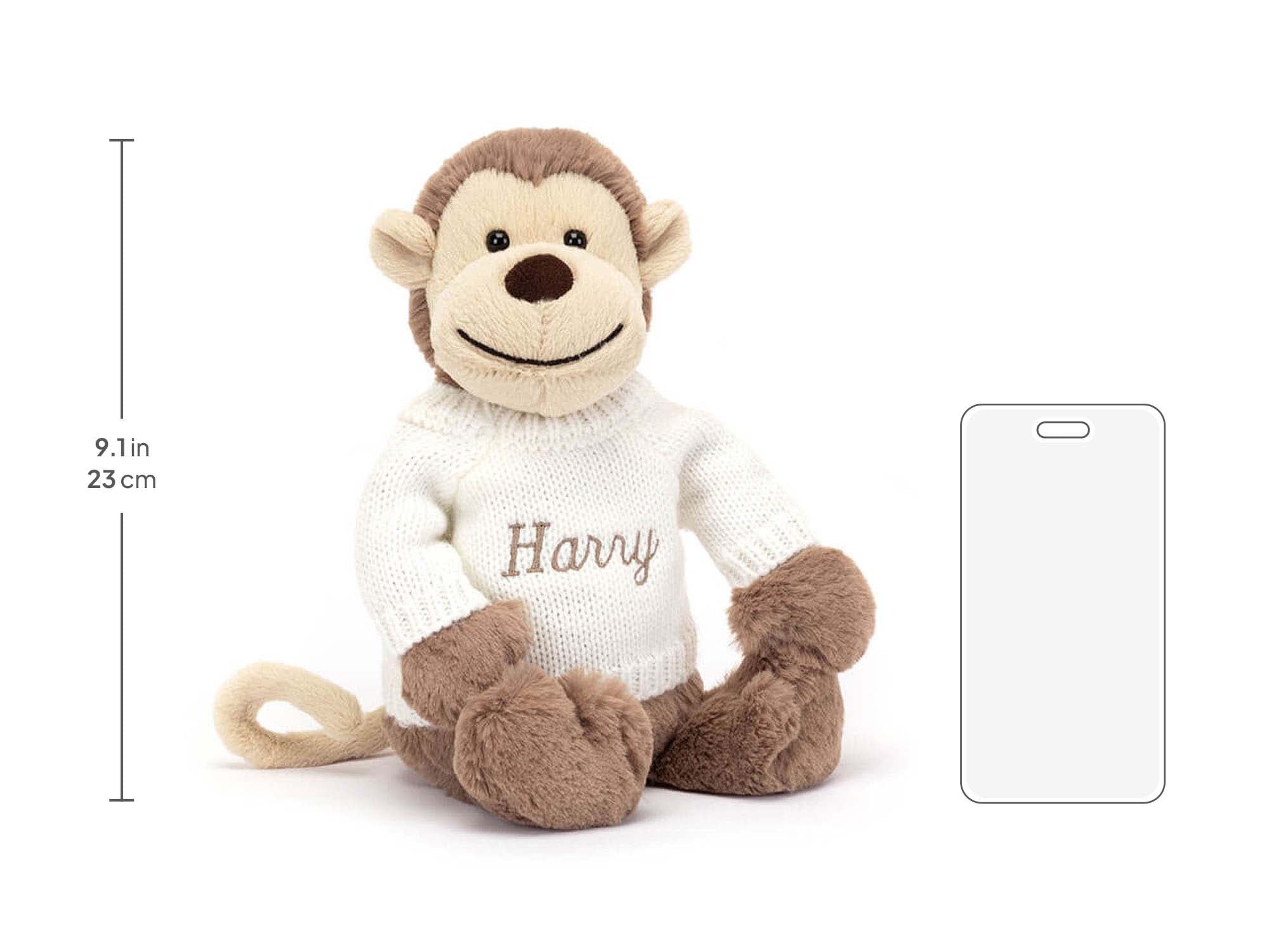 Bashful Monkey with Personalized Cream Jumper, size chart