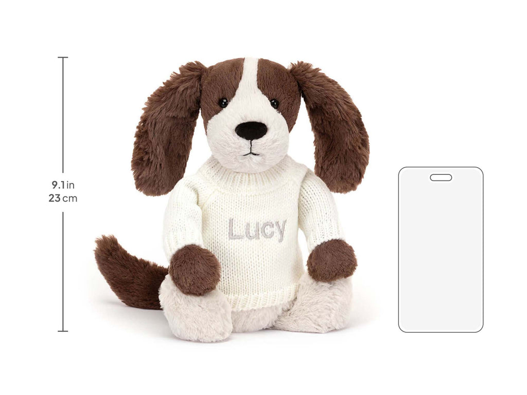 Bashful Fudge Puppy with Personalized Cream Jumper, size chart