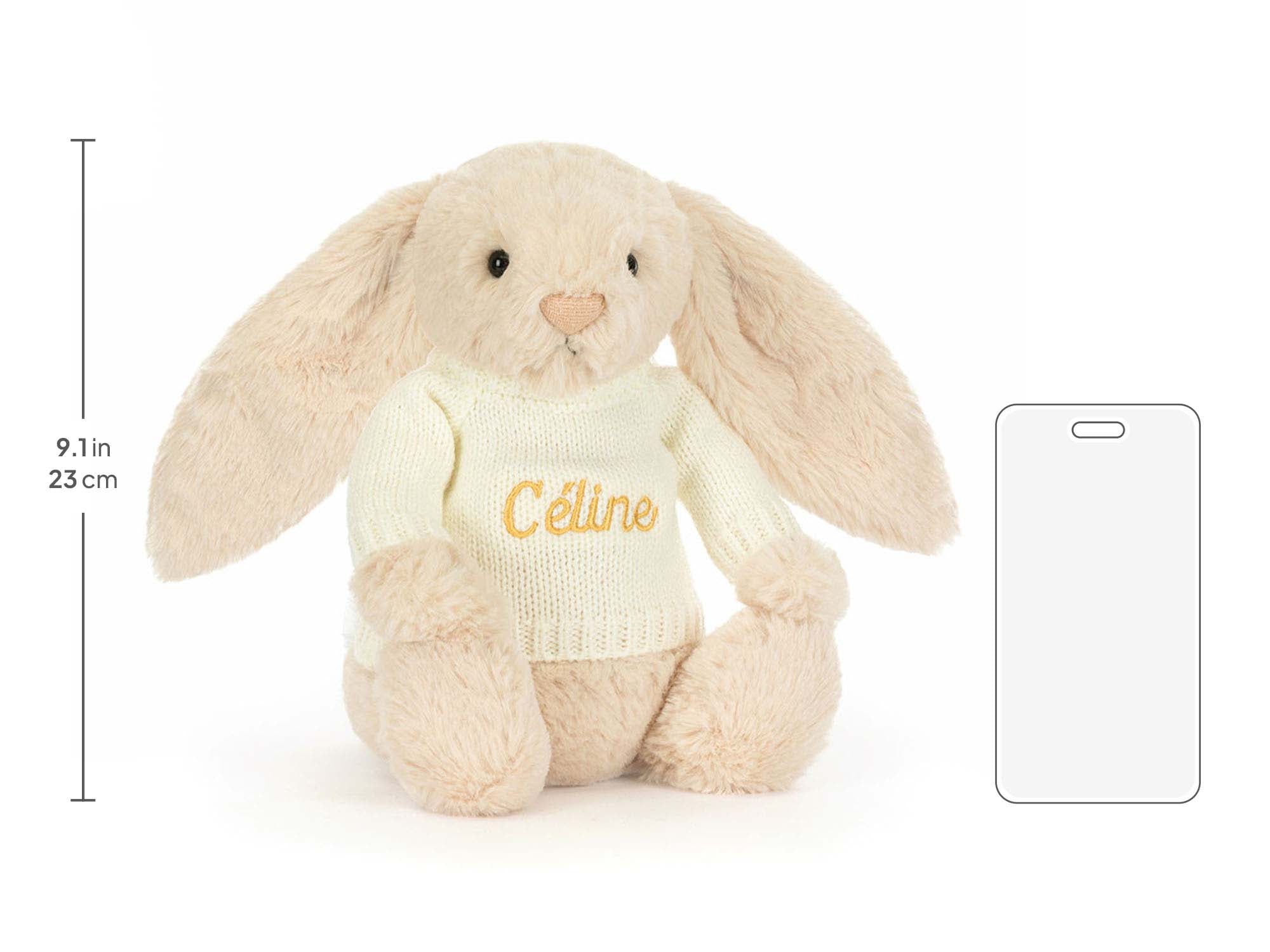 Bashful Luxe Bunny Willow with Personalized Cream Jumper, size chart