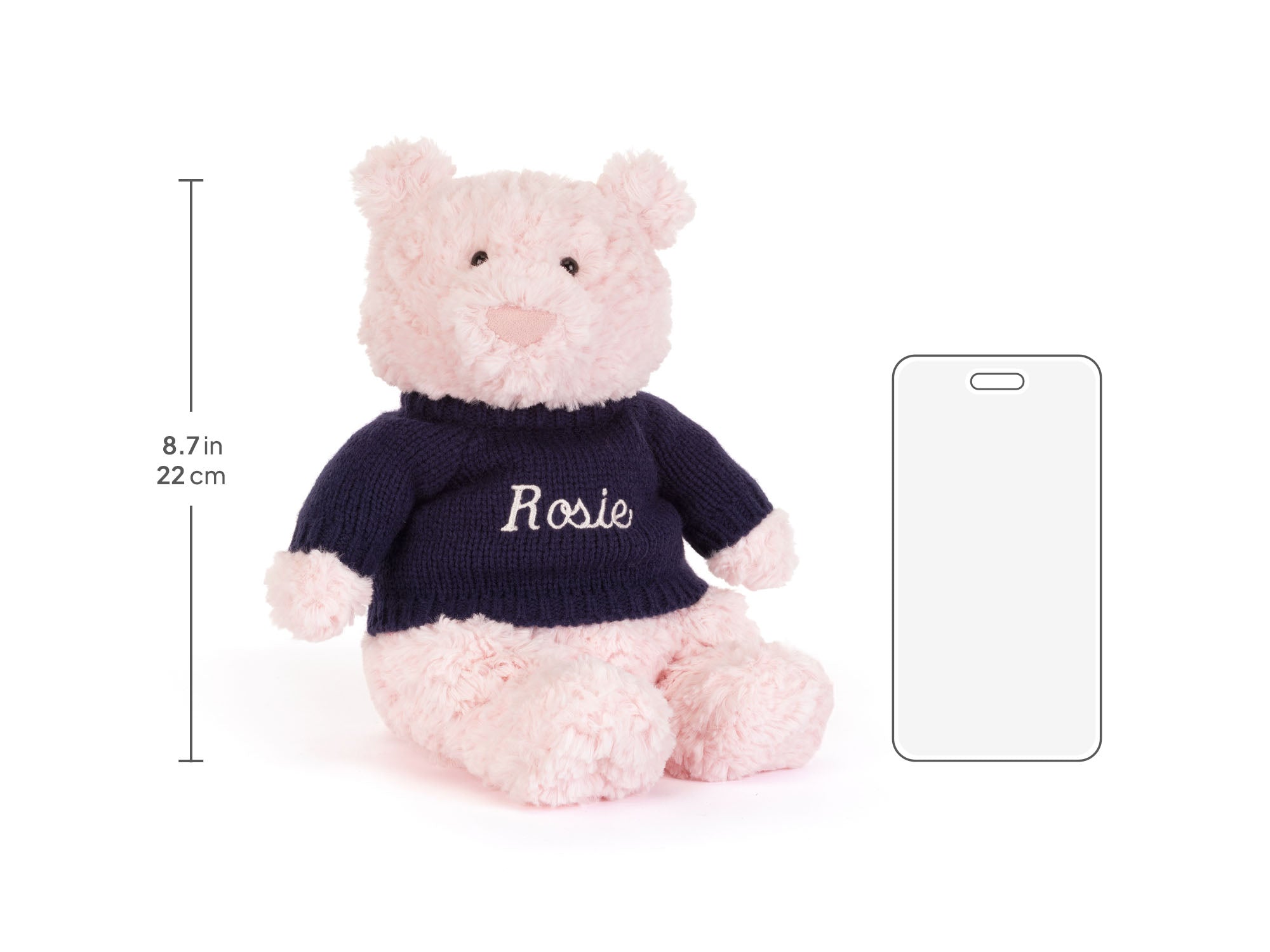 Leola Bear with Personalized Navy Jumper, size chart
