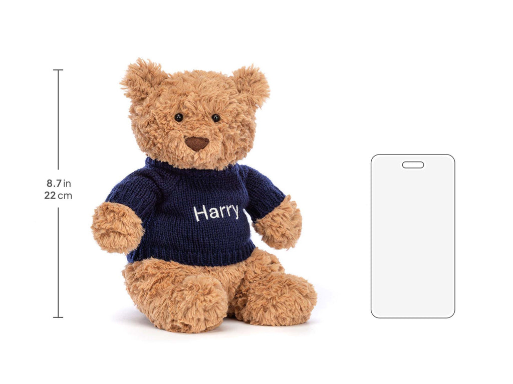 Bartholomew Bear with Personalized Navy Jumper, size chart