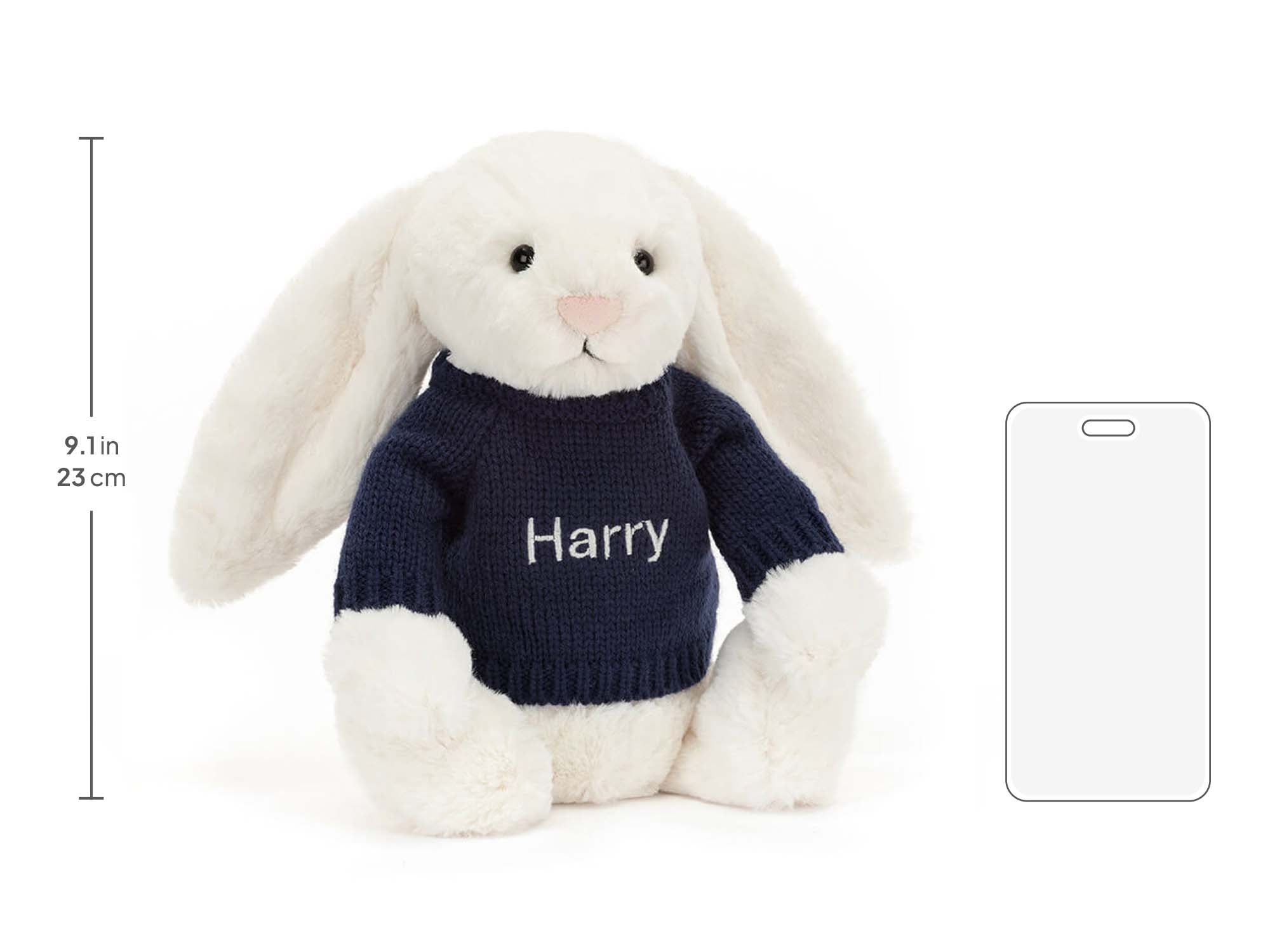 Bashful Cream Bunny with Personalized Navy Jumper, size chart
