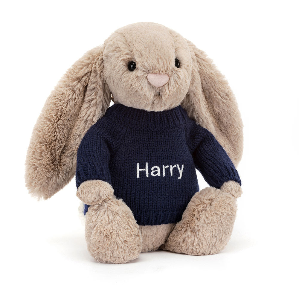Bashful Beige Bunny with Personalised Navy Jumper, View 4