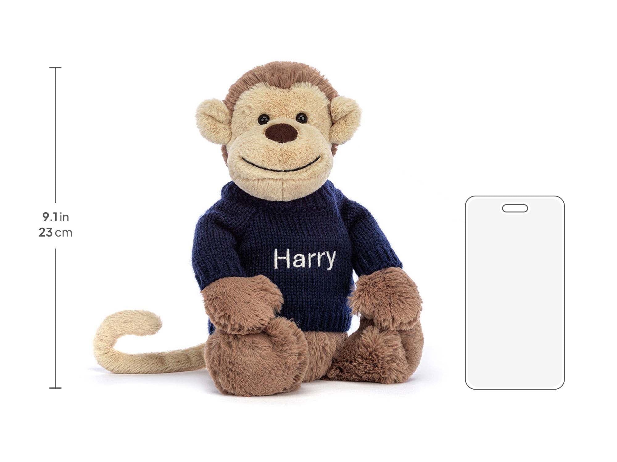 Bashful Monkey with Personalized Navy Jumper, size chart