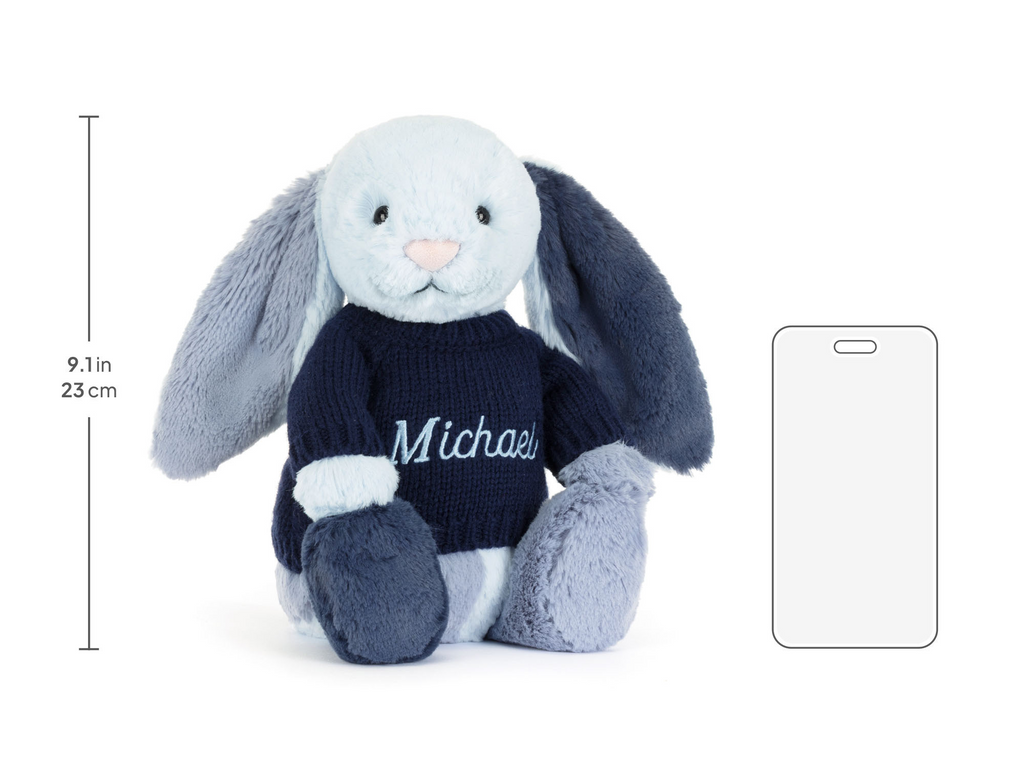 Puddlesea Bunny with Personalised Navy Jumper, size chart