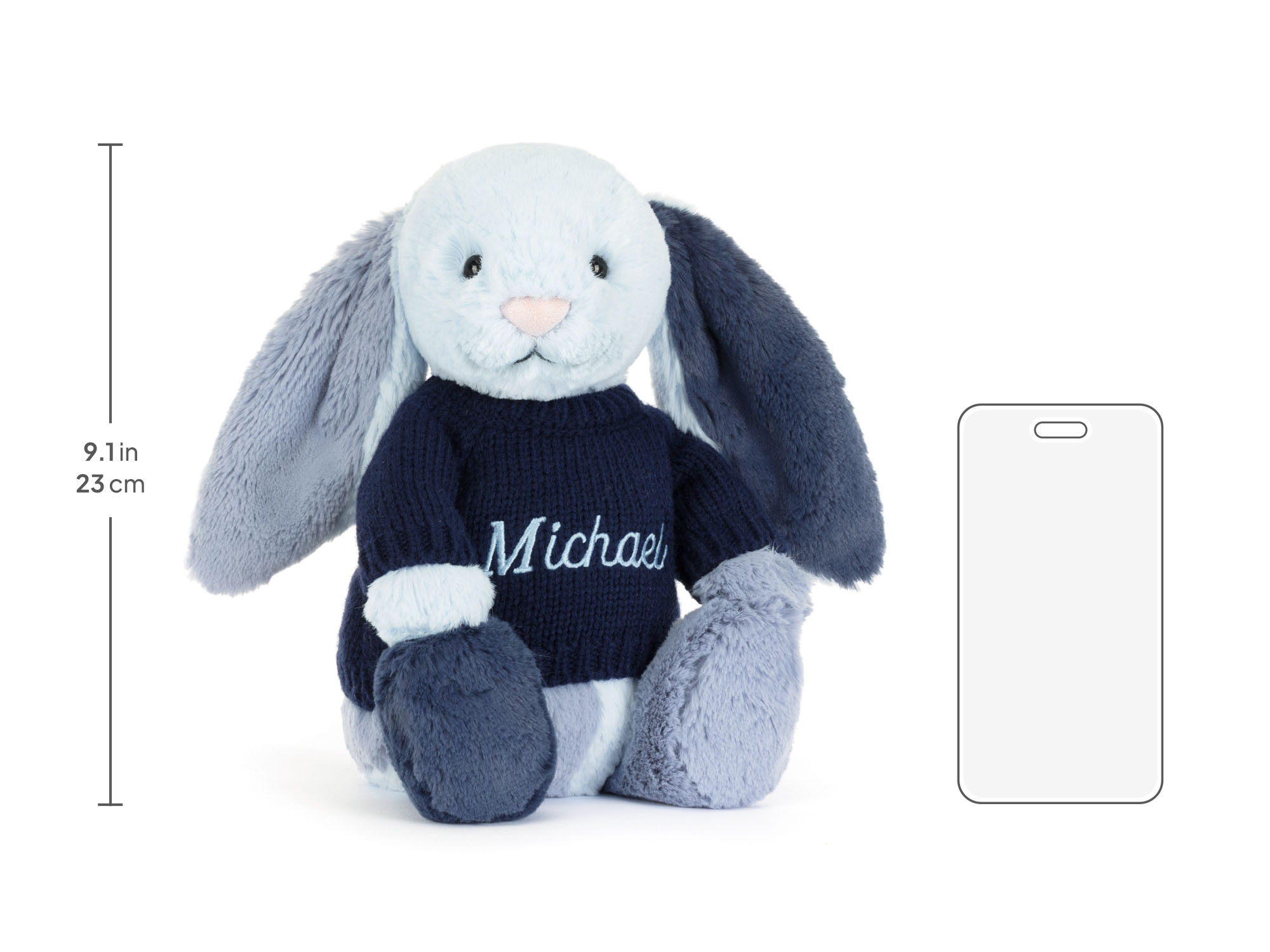 Puddlesea Bunny with Personalised Navy Jumper, size chart