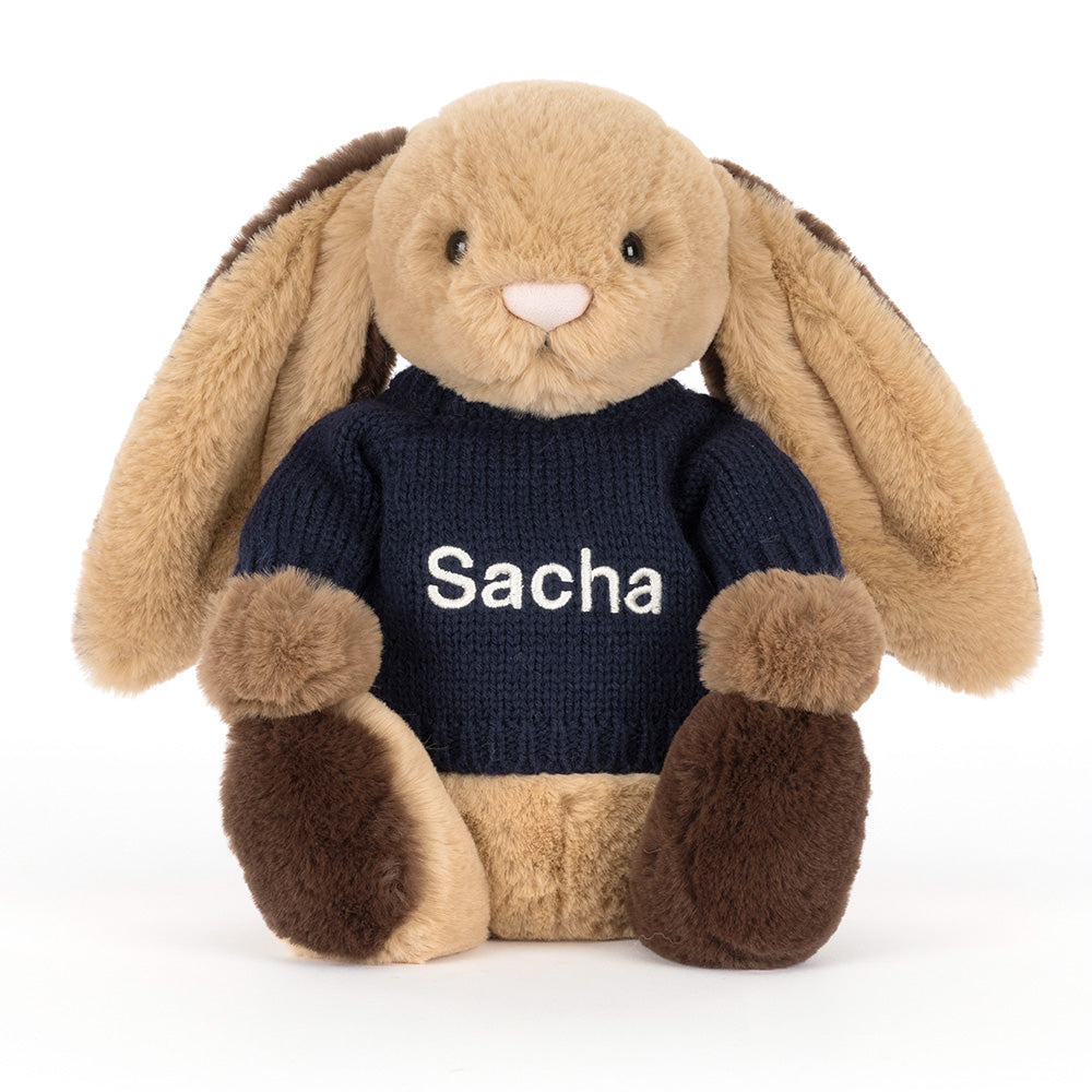 Bashful Patchwork Brown Bunny with Personalised Navy Jumper, View 4