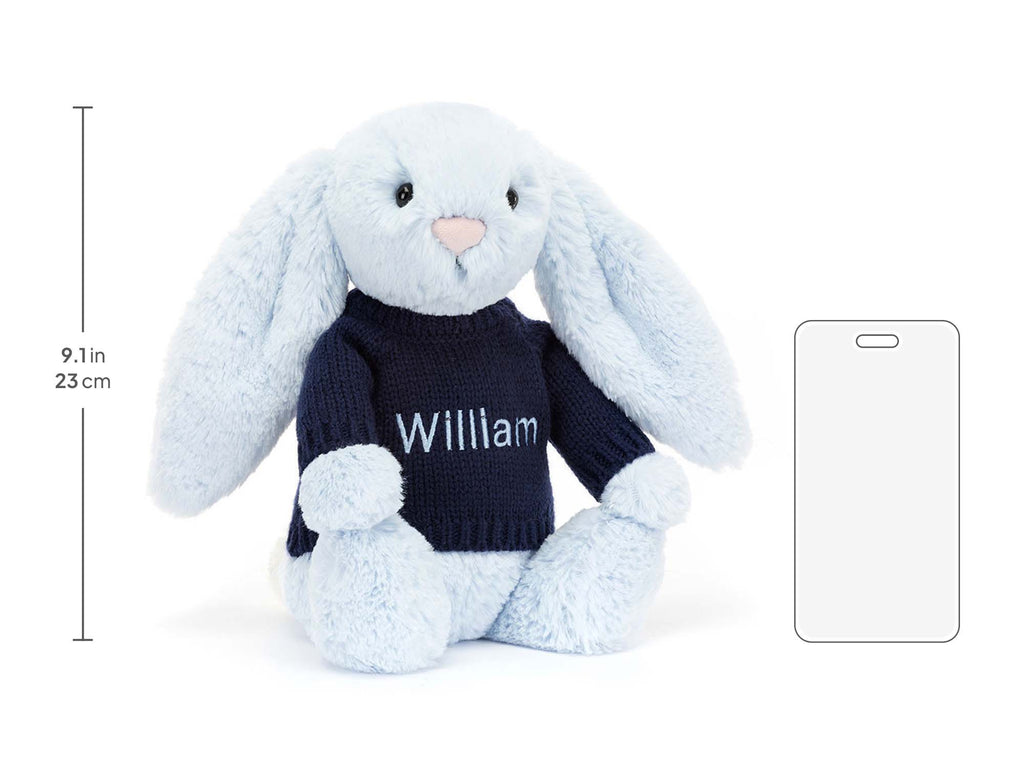Bashful Blue Bunny with Personalized Navy Jumper, size chart