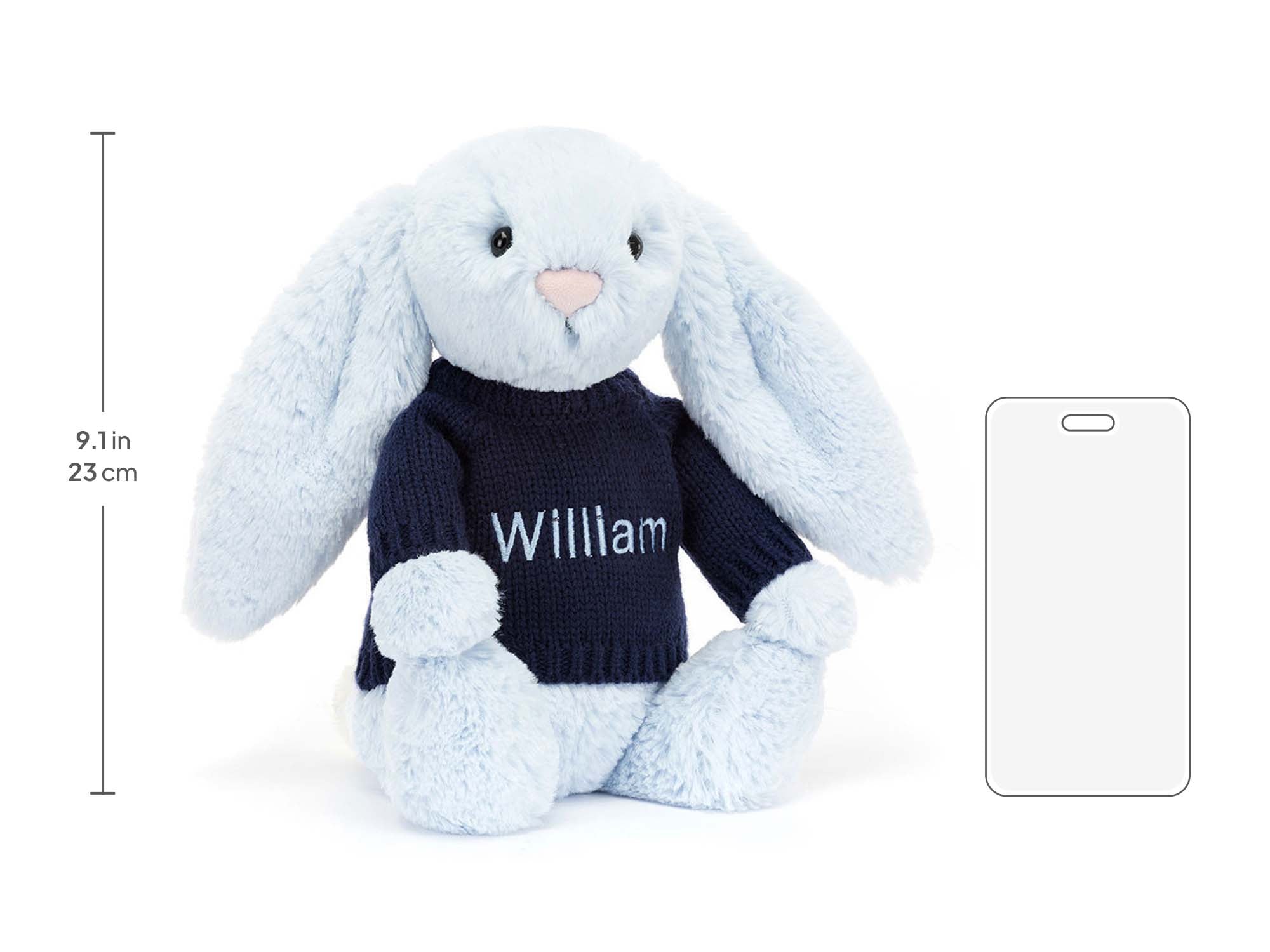 Bashful Blue Bunny with Personalized Navy Jumper, size chart