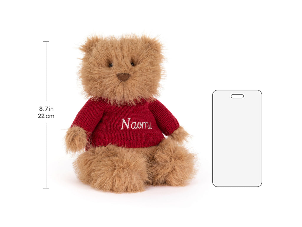 Bartholomew Bear Bouffant with Personalised Red Jumper, Size Chart