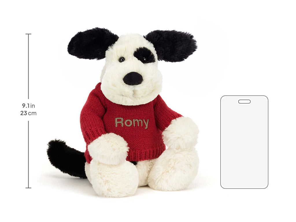 Bashful Black & Cream Puppy with Personalized Red Jumper, size chart