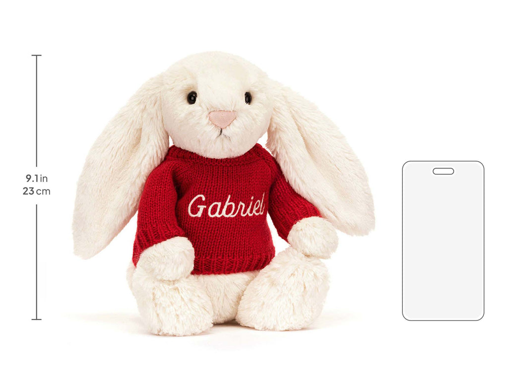 Bashful Cream Bunny with Personalized Red Jumper, size chart
