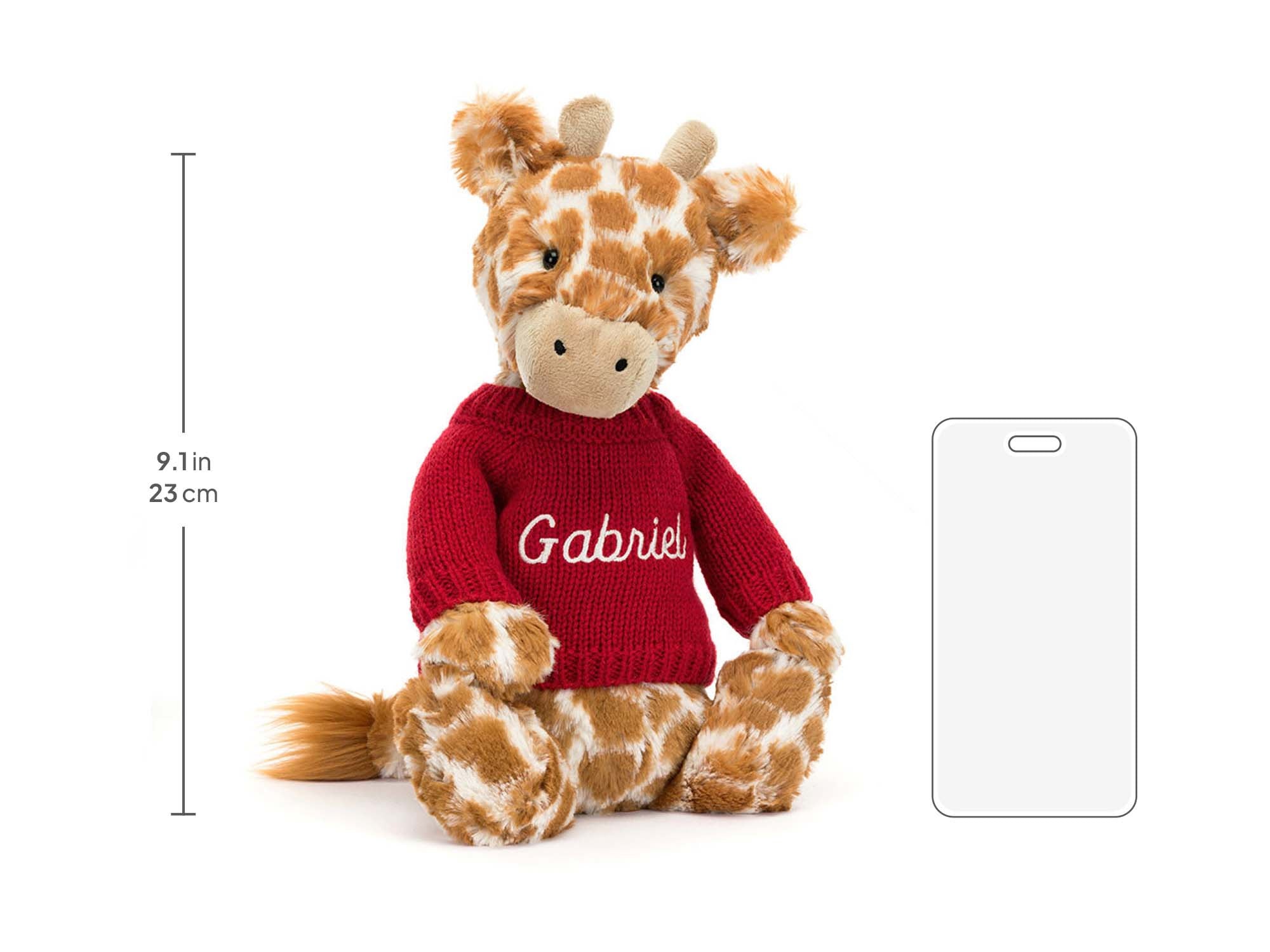 Bashful Giraffe with Personalized Red Jumper, size chart