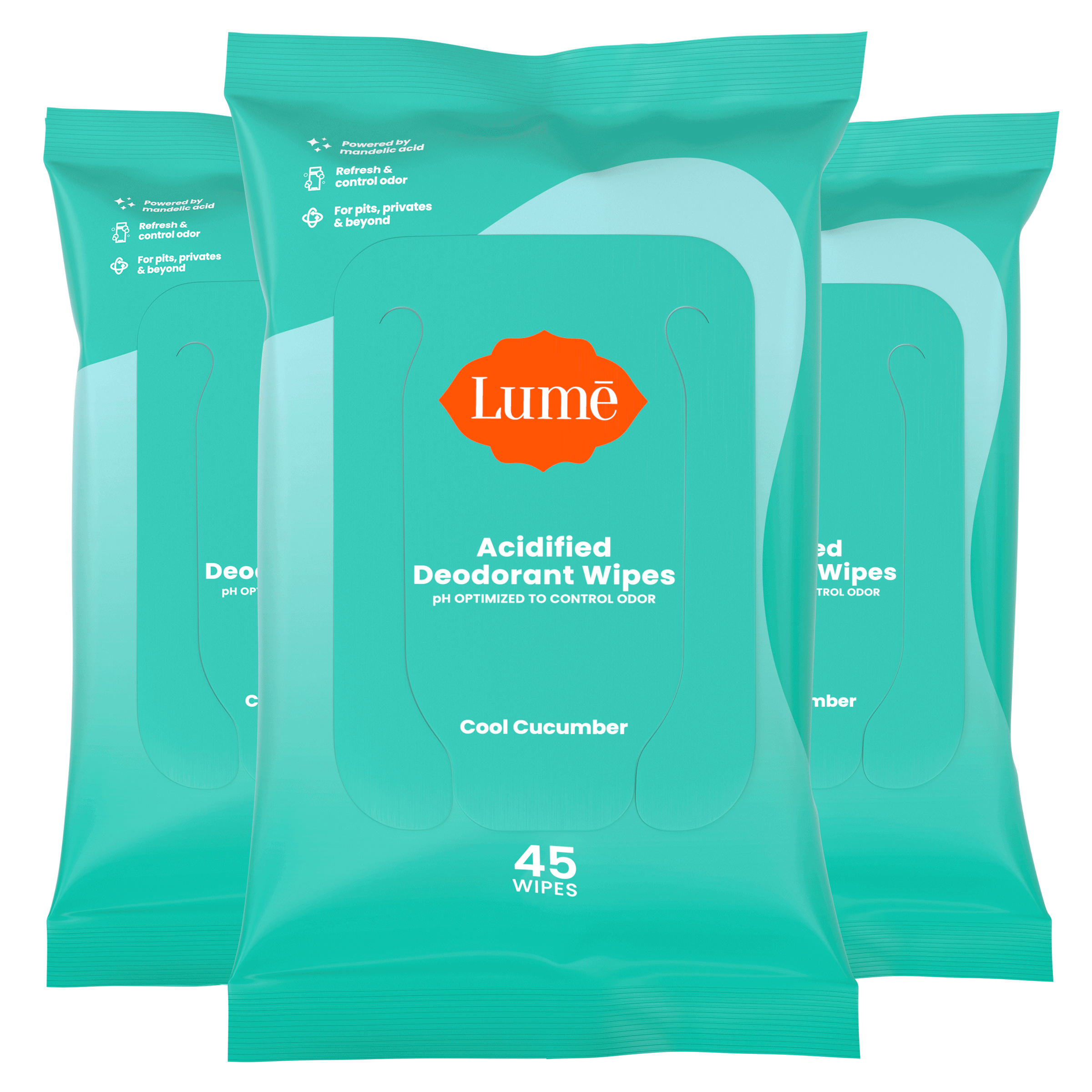 Three 45 count packs of deodorant wipes in the scent Cool Cucumber
