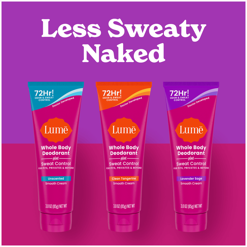 The text "Less Sweaty Naked" and three tubes of cream deodorant plus sweat control