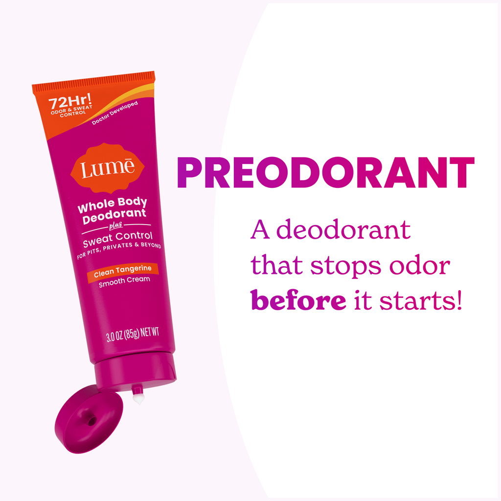 Open tube of Lume Cream Deodorant plus Sweat Control alongside the text: Preodorant. A deodorant that stops odor before it starts!