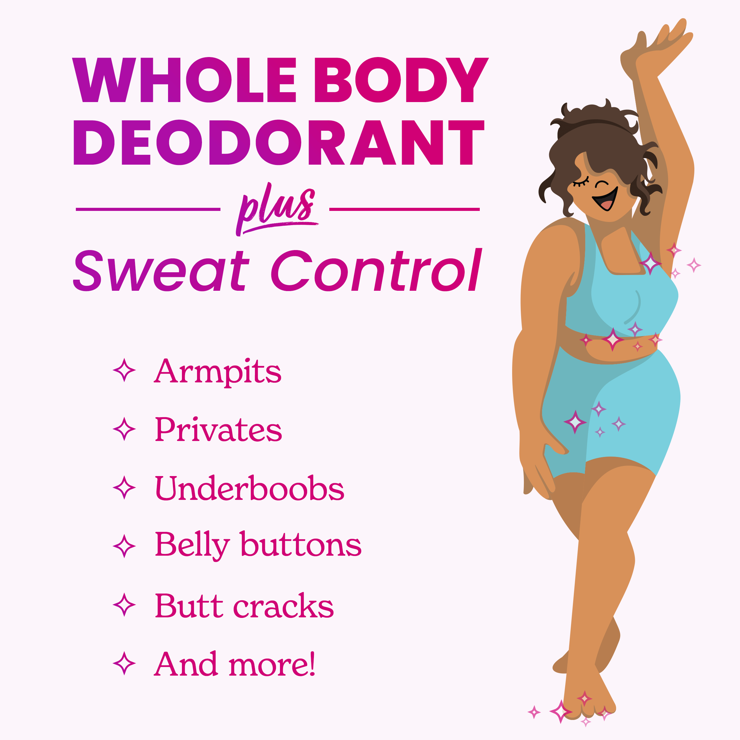 Drawing of a woman and the text: whole body deodorant plus sweat control.  Armpits, privates, underboobs, belly buttons, butt cracks, and more