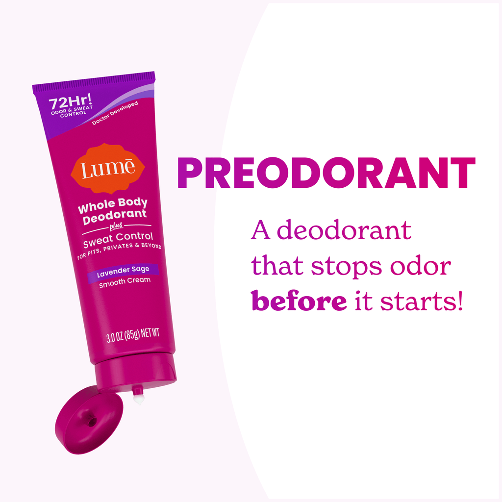 Open tube of Lume Cream Deodorant plus Sweat Control alongside the text: Preodorant. A deodorant that stops odor before it starts!