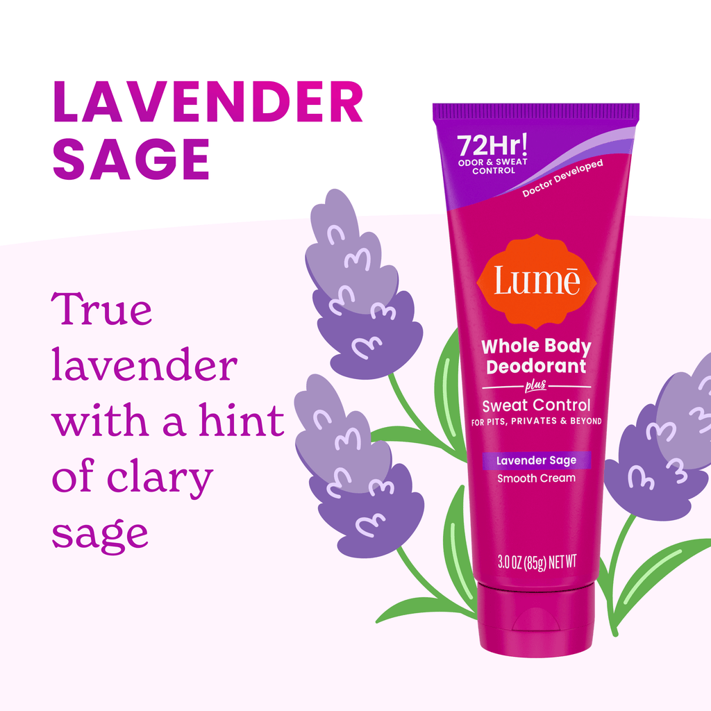 Lume Cream Deodorant Plus Sweat Control tube over lavender stems and the text: Lavender Sage. True Lavender with a hint of clary sage.