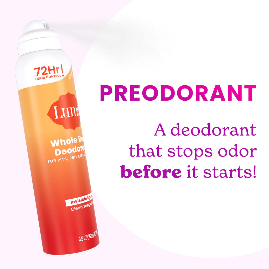 A can of Lume spray deodorant and the following text. Preodorant, a deodorant that stops odor before it starts!