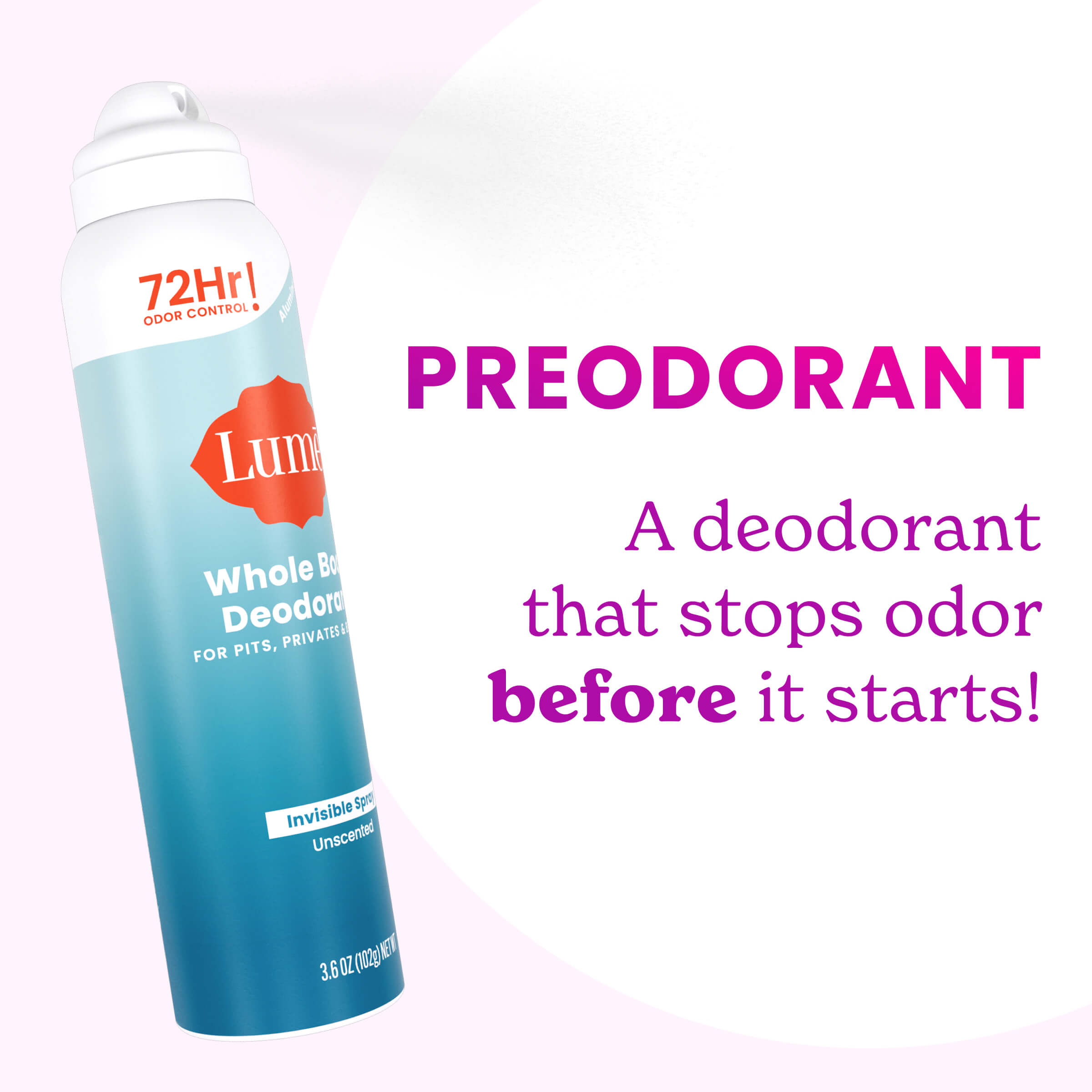 A can of Lume spray deodorant and the following text. Preodorant, a deodorant that stops odor before it starts!