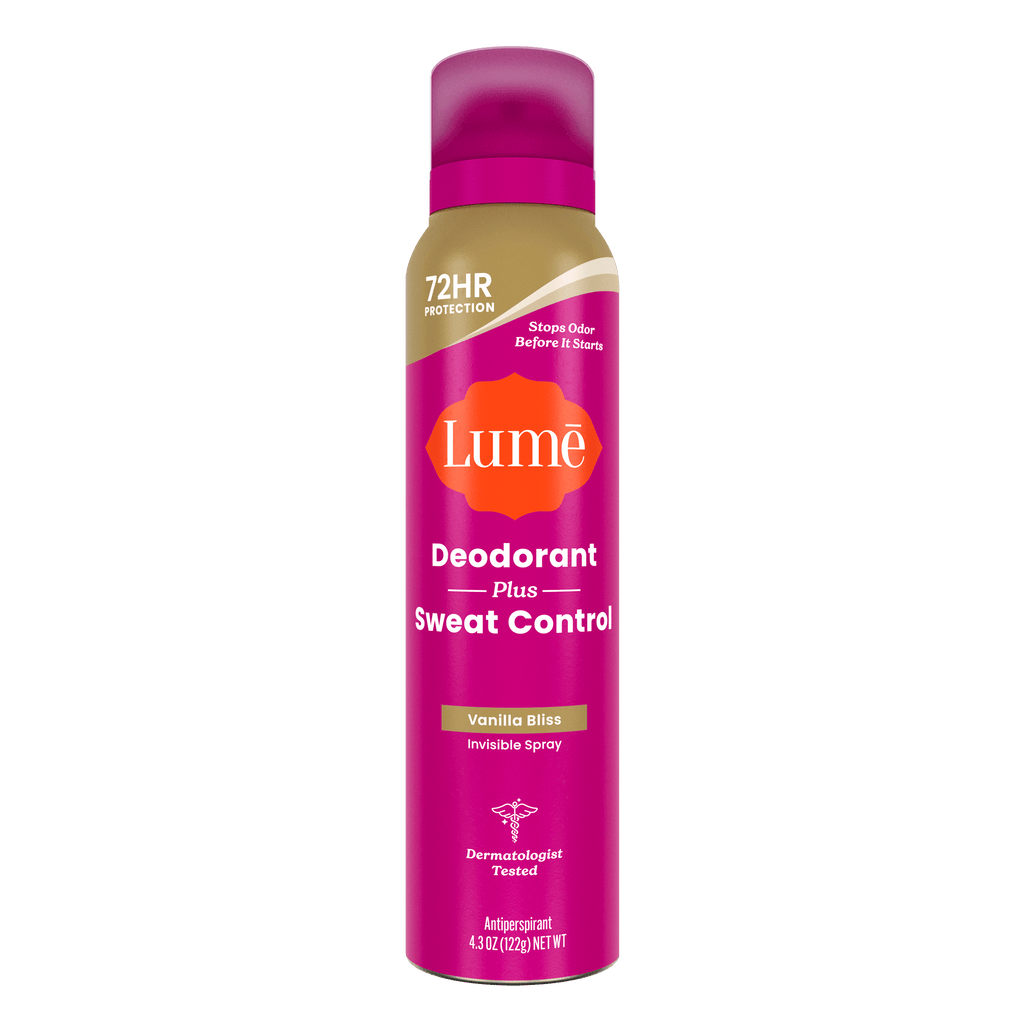 A can of Lume spray deodorant plus sweat control in the scent Vanilla Bliss