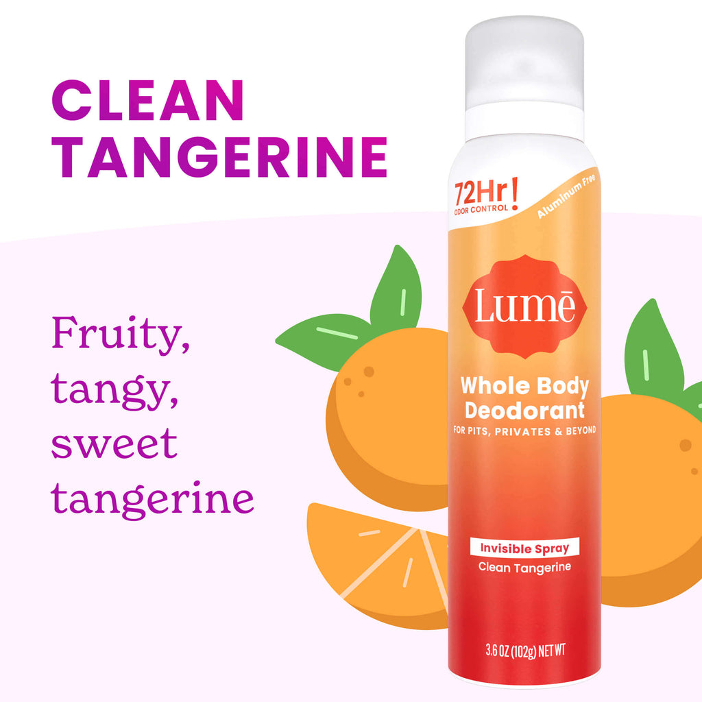 A can of spray deodorant overlaying oranges and the text "Clean Tangerine. Fruity, tangy, sweet tangerine"