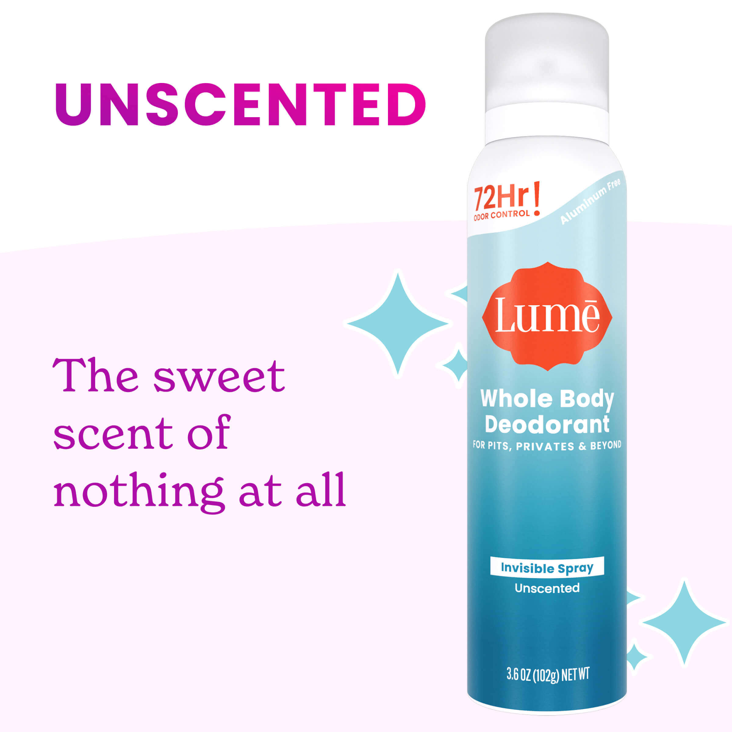 A can of spray deodorant overlaying blue stars and the text "Unscented. The sweet scent of nothing at all"