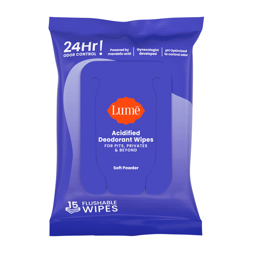 A pack of Lume deodorant wipes in the scent Soft Powder