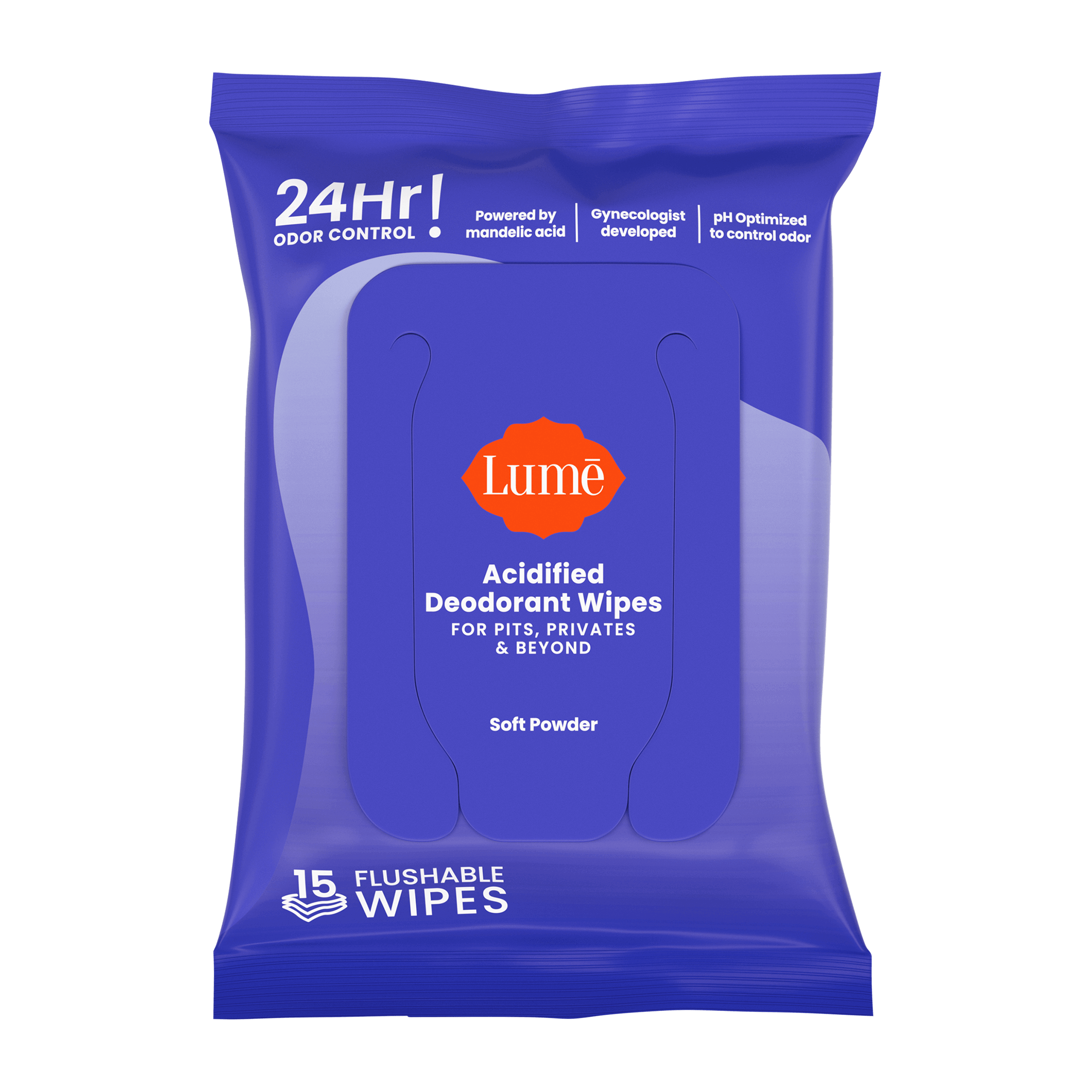 A pack of Lume deodorant wipes in the scent Soft Powder