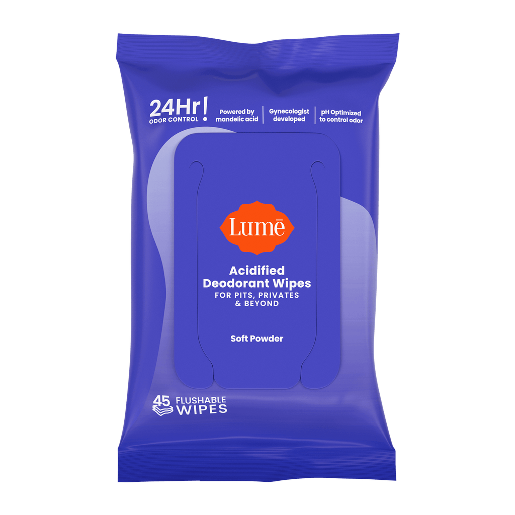 Pack of Lume acidified deodorant wipes in the scent Soft Powder