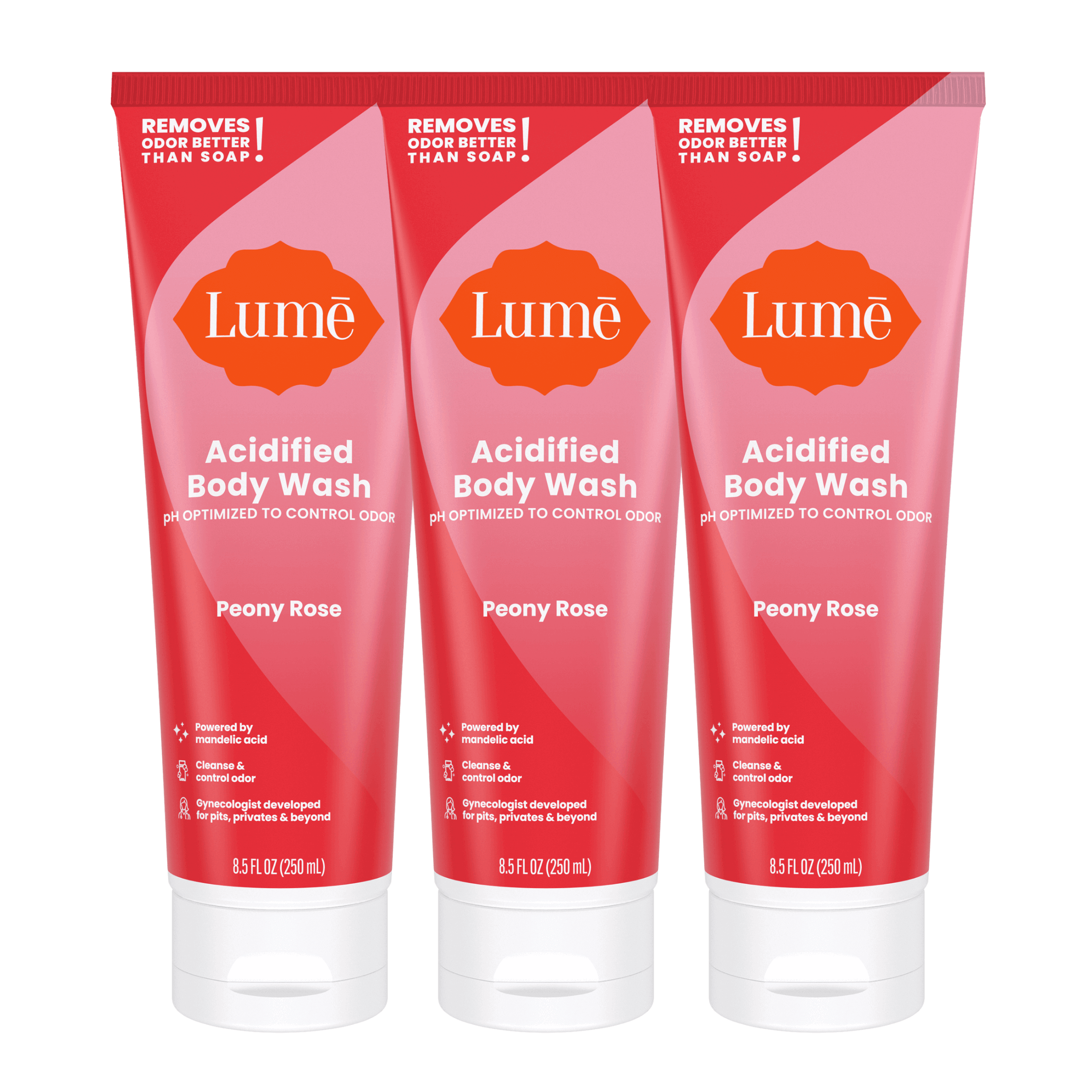 Three pink tubes of body wash in the scent Peony Rose