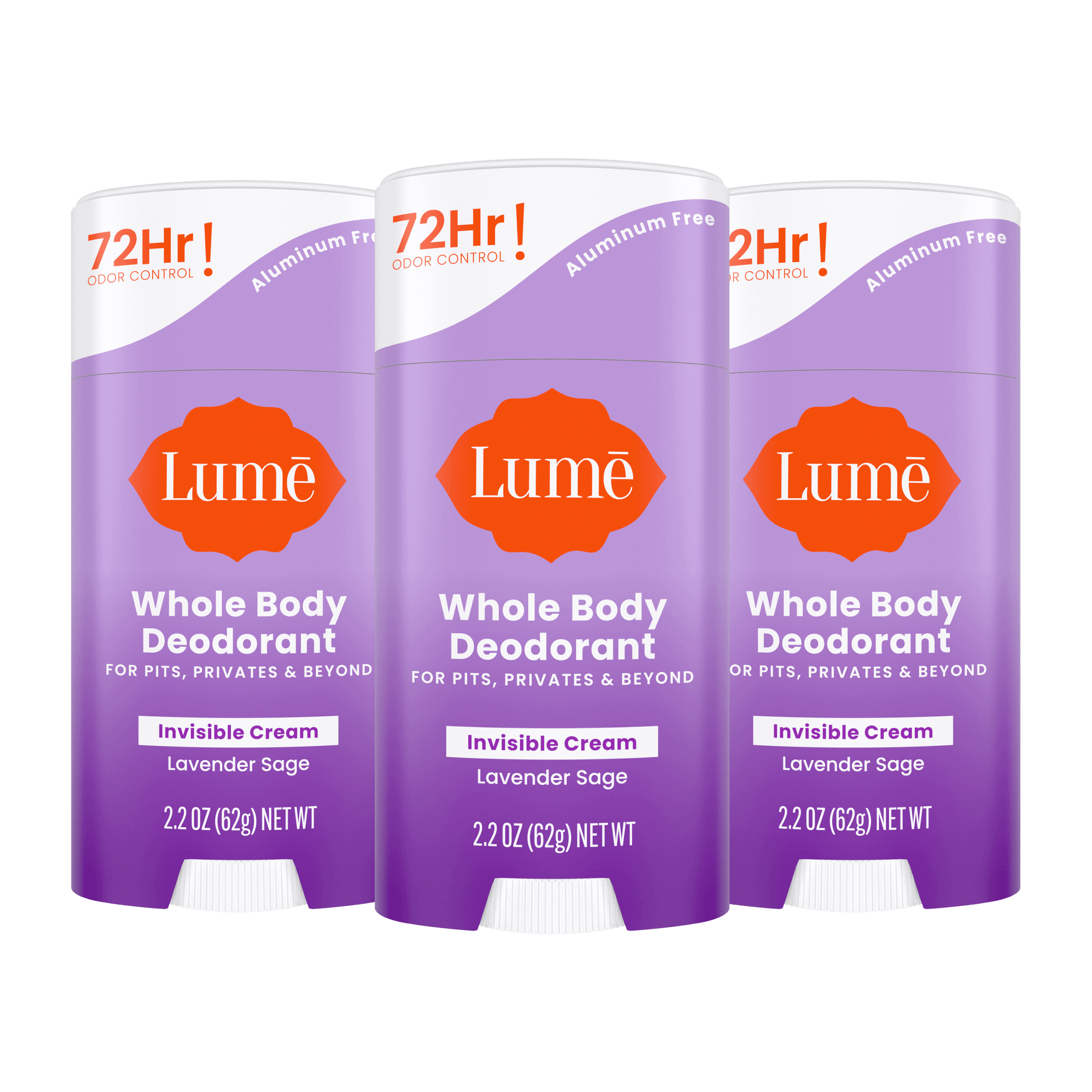 Three purple Lume cream deodorant sticks in the scent Lavender Sage