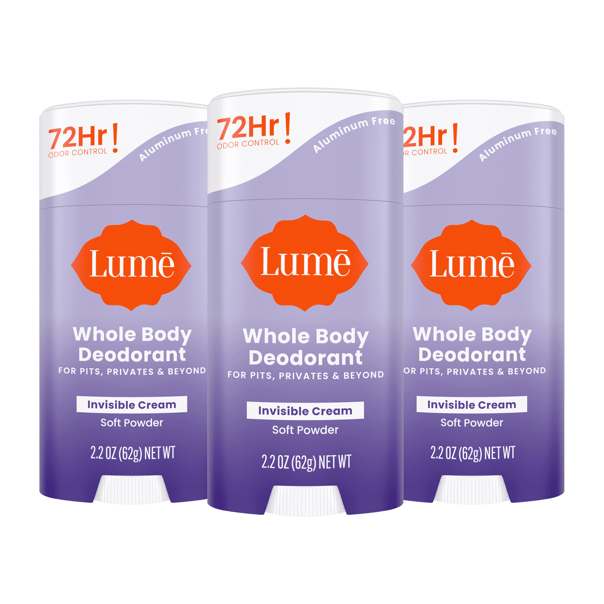 Three purple Lume cream deodorant sticks in the scent Soft Powder