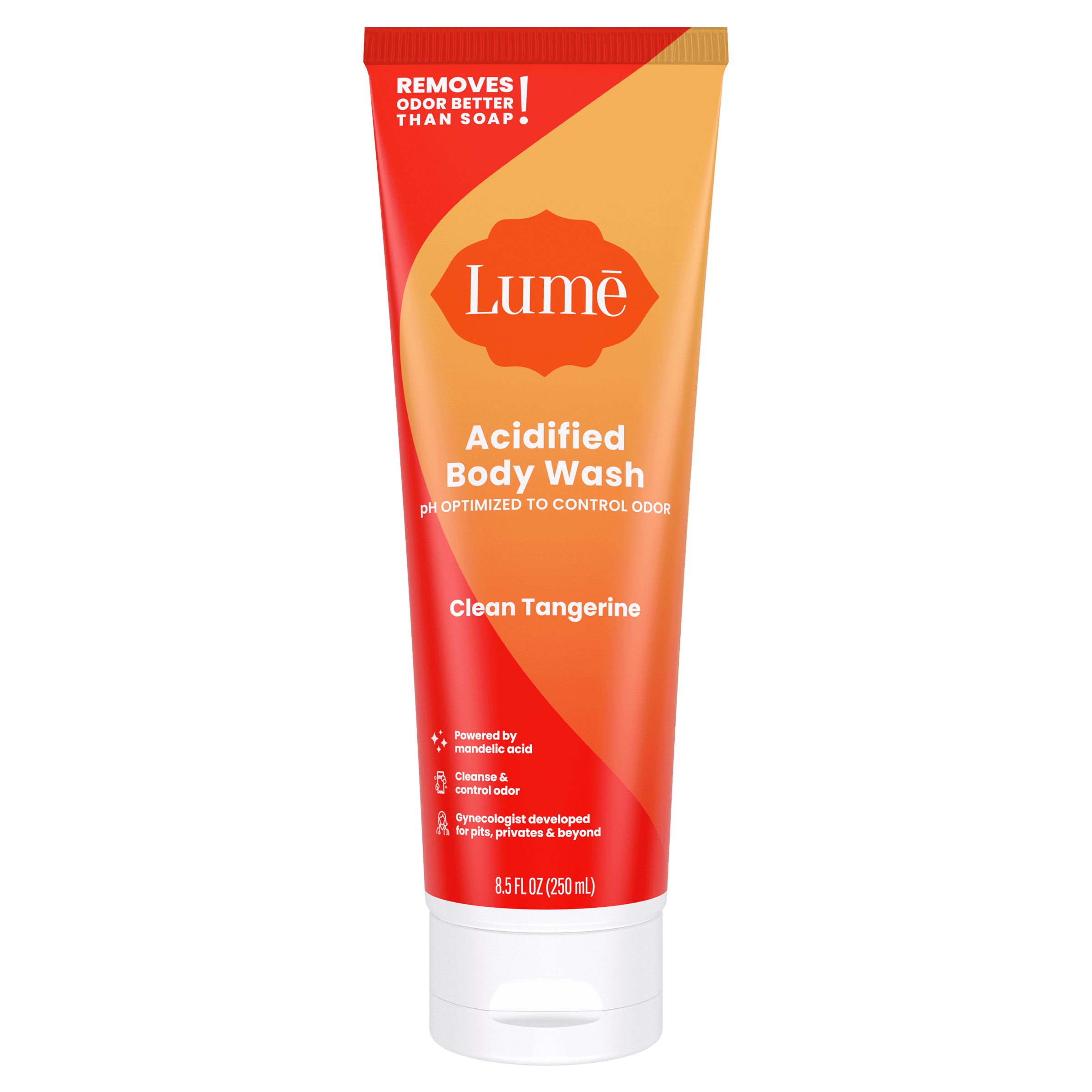 Orange Lume clean tangerine acidified body wash against a white background